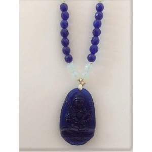 Blue and White Beaded Necklace, Buddha Pendant Necklace