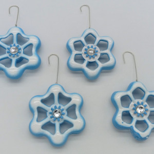 Handmade Christmas Ornaments, White & Blue 4 pc Set, Upcycled Faucet Handles, Holiday Decor