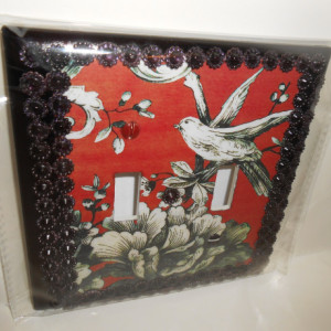 Bird & Floral Design Double Light Switchplate Cover with Black Raised Trim(A)