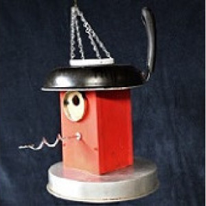 Fry Pan Skillet Birdhouse with Dough Hook Perch, Rustic Birdhouse, Red Wooden Birdhouse Hanging Birdhouse