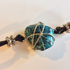 Wire wrapped polished stone leather bracelet, blue stone