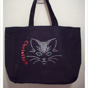Personalized Rhinestone Cat Tote Bag with Pockets