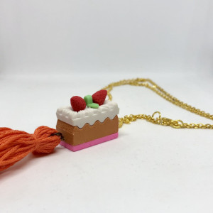 Upcycled Strawberry Cake Eraser Toy with Tassel Necklace - Cake Jewelry - Tassel Necklace