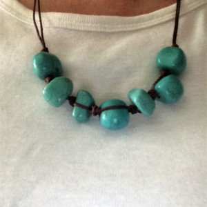 Leather necklace set with turquoise nuggets beads & earrings #NES00126 