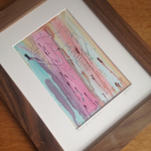Original Abstract watercolor painting with line drawing of Elephant in handmade solid wood black walnut frame