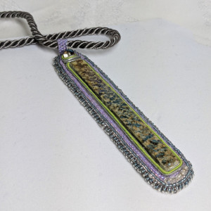 Iridescent green, gray and lavender bead embroidery and soutache vertical bar pendant necklace