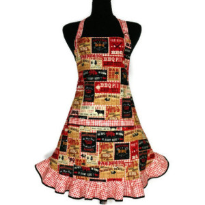 Barbeque Apron for Women , Retro Kitchen Decor, Grilling , Adjustable, Pocket , Rust Check Flounce Ruffle
