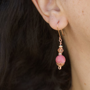 Pink Quartz Earrings, Gemstone, Frosted Coral, Vintage Peach Crystal Bicone