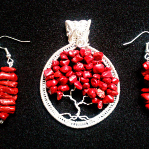 Red Bamboo Coral Tree Of Life Pendant with FREE Matching Earrings!