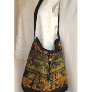 BOHO Over the Shoulder/Crossbody TOTE BAG in Upcycled jeans and African themed fabric with button closure