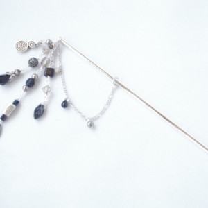 Hair stick Silver and Black Color Beads Handmade Hairpin Monotone Kanzashi Leaf Hair Accessory Hair Pick kimono Silver Plated Chain
