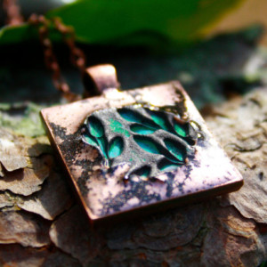Rustic copper pendant and necklace with stunning green foliage imprint