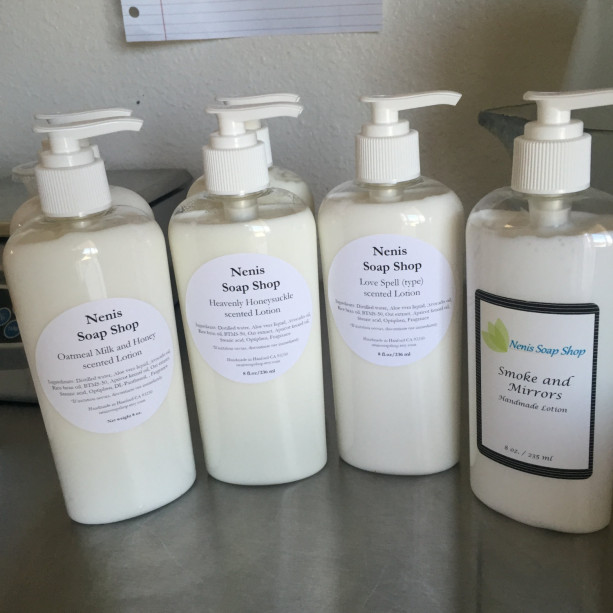 Handmade lotion made with avocado oil, apricot kernel oil and rice bran oil