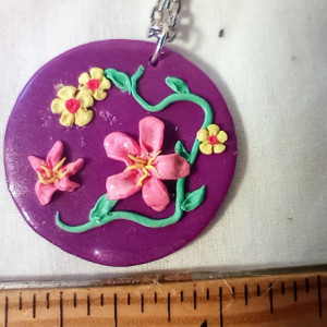 Polymer Clay Purple Violet Floral Circular Necklace