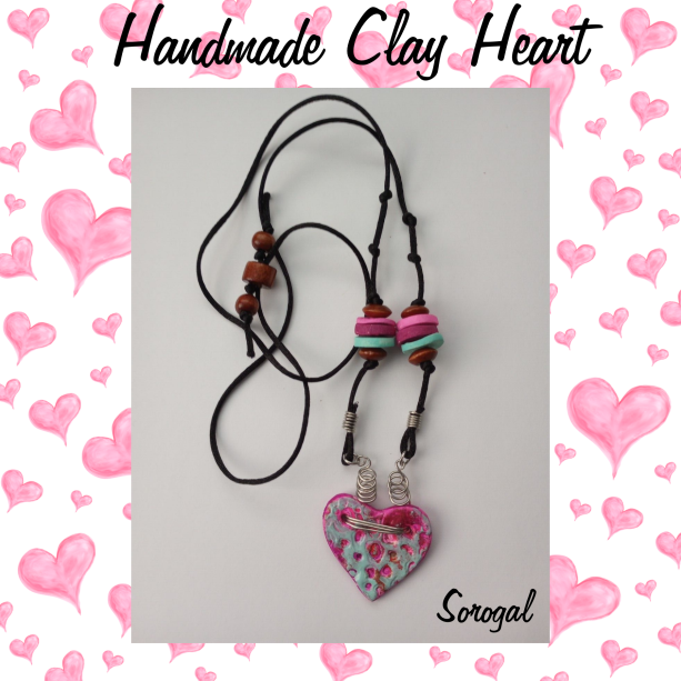 Handmade Clay Pastel Green Pink Heart Pendant Necklace Tribal Ethnic
