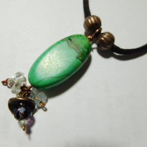Suede Black Leather necklace with Green turquoise stone pendant and crystals beads. #N00122