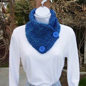 Royal Blue NECK WARMER Scarf, Women's Buttoned Cowl, Soft Acrylic Crochet Knit Winter, Two Large Vibrant Blue Buttons, Ships in 3 Biz Days