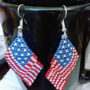 Beaded American Flag Earrings, Stars and Stripes, Patriotic Red White Blue Dangle Earrings, Hand Made in USA