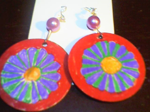 Red, Purple, and Green Flower Painted wood circle earrings homemade