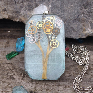 Resin Pendant  Gearing Tree Hand Painted Steampunk Necklace