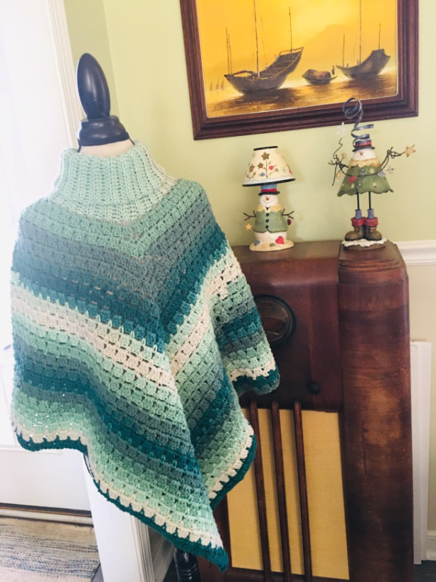 Womens green and cream cowl neck sweater poncho