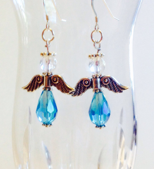 Blue Angel Earrings Handmade Beaded Earrings And Silver Angel Earrings Angel Charm Christmas Jewelry Holiday Jewelry Blue Earrings Bijoux