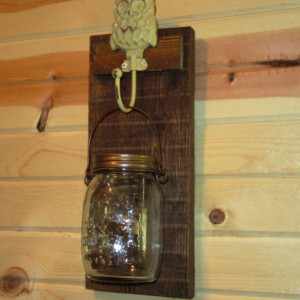 Rustic Owl Mason Jar Wall Sconce,  Mason Jar Candle Holder, Wall Sconce with Owl design hook