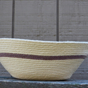 coiled rope basket with handles, natural white and brown
