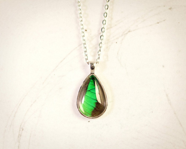 Real Butterfly Wing Necklace - Emerald Pendant - May Birthstone - Tear Drop Pendant