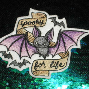 Embroidered Patch / applique - spooky for life bats - sew , glue , or iron on 3 x 4 inch ANY COLORS