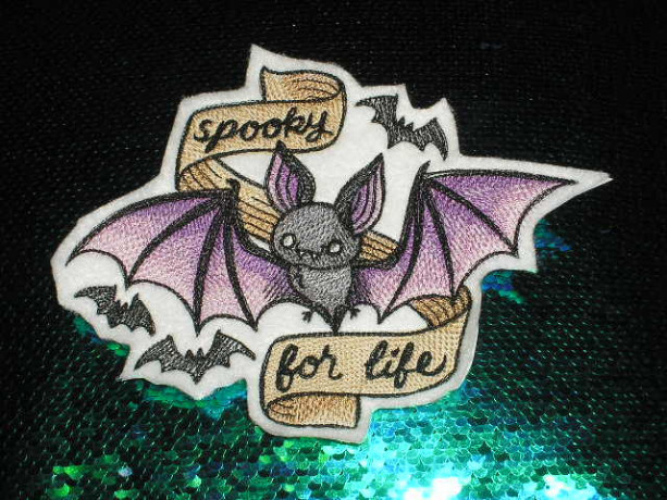 Embroidered Patch / applique - spooky for life bats - sew , glue , or iron on 3 x 4 inch ANY COLORS