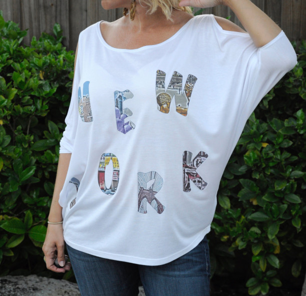 Handmade printed tee, t-shirt, top, New York photo word with cold shoulder cutouts and boat neck