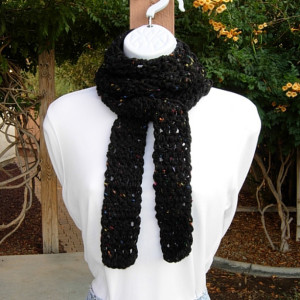 Off Black Tweed Extra Long Skinny Scarf, Dark Charcoal Soft Thick Crochet Knit Narrow Wrap, Women's Neck Tie Scarf, Ready to Ship in 3 Days