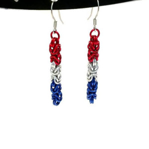 Red white and blue dangle earrings byzantine chainmaille