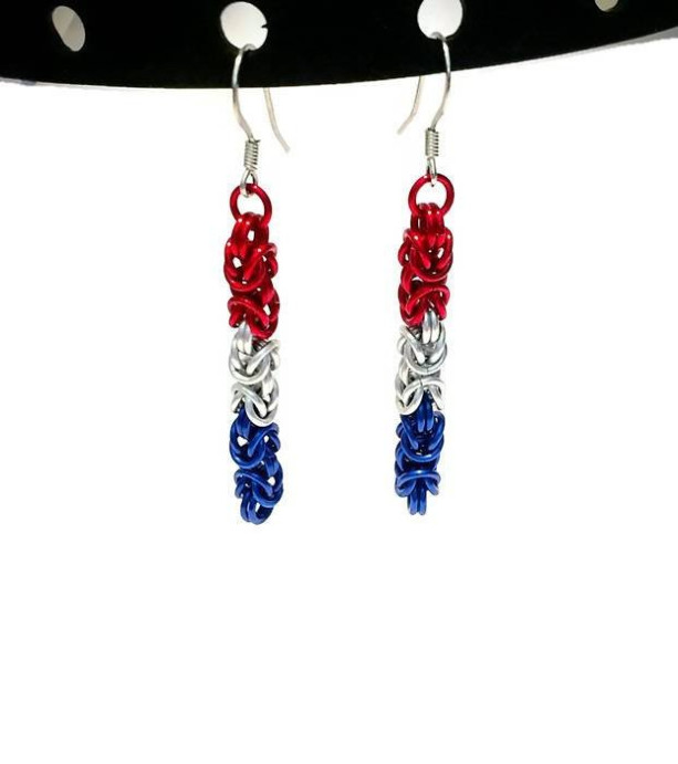 Red white and blue dangle earrings byzantine chainmaille