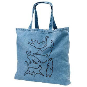 Bleached denim cat tote bag, black cat silhouettes, gift for cat lover, cat lady, canvas tote bag, grocery bag, trick or treating, halloween