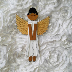 Wooden Angel Art / Ethnic Angel / Sparkling White with Gold Wings / Wooden Hanging Angel Decoration / Personalized Angel Art