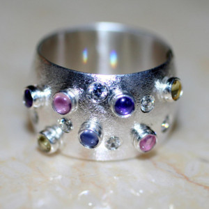 Pastel Colors and Brilliant Sparkle / Sterling Silver Gemstone Encrusted Cigar Band Free US Shipping!