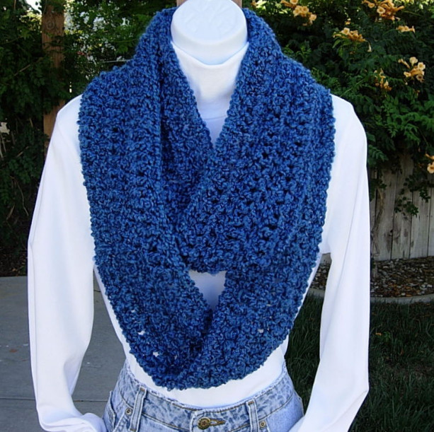 Medium Dark Solid Blue COWL SCARF Infinity Loop, Extra Soft Long Crochet Knit Lightweight Winter Eternity Circle Endless..Ready to Ship in 3 Days