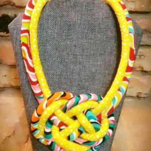 Yellow Multicolor Fabric Necklace, Double Strand Knot Textile Necklace, Boho Statement Necklace, Tribal Statement Necklace, Fabric Necklace