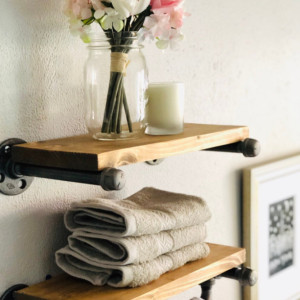 Towel Holder & Shelf -- Floating Rustic Iron Pipe Farmhouse, Industrial, Steampunk Shelving Bathroom and Kitchen