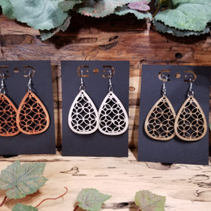 Wooden- Bohemian - Laser Cut - Teardrop Dangle Style  - Lightweight- Birthday Gift - 3 Finishes Available - Natural, Brown or Lt Red Stained