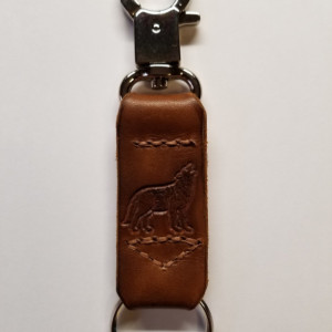 Snap Ring Key Fob, Handmade, Leather, Stamped Emblem, Light Brown, Nickel Plate Hardware