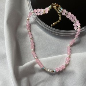 Pink Jade and Freshwater Pearl Beaded Necklace