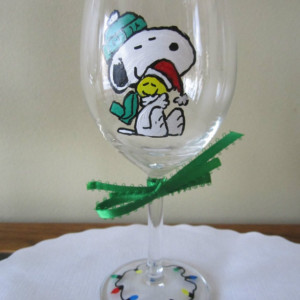Hand Painted Wine Glass Snoopy and Woodstock 12 oz. 