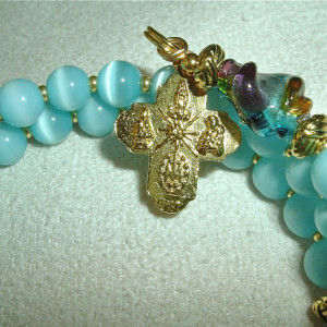 Rosary Bracelet of Catseye Blue Glass Beads and Gold Findings