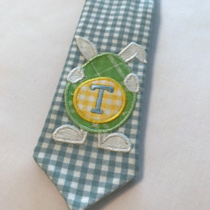 Soft Blue Gingham Tie and Diaper Cover Set with Bunny Applique and Monogram Initial on Tie.