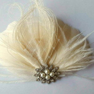 Wedding Hair Facsinator, Bridal Facsinator, Feather Fascinator, French Net, Rhinestones, Pearls, Bridesmaid Accessory, Ivory Fascinator