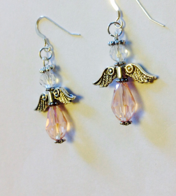 Pink Angel Earrings, Handmade Beaded Chrystal and Silver Angel Earrings, Angel Charm, Christmas Jewelry, Confirmation Gift, Godmother Gift