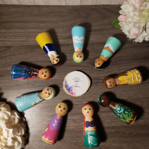 Handpainted Disney Princess wooden peg dolls: Raya and the Last Dragon peg doll; Elsa peg doll; frozen peg doll; princess peg doll